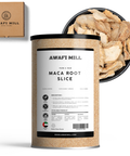 Awafi Mill maca root slice packaging with a bowl of maca root slices on a white background