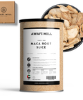 Awafi Mill maca root slice packaging with a bowl of maca root slices on a white background