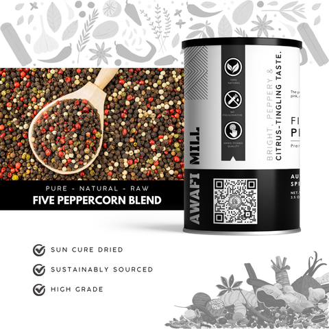 Five Peppercorn Blend | Black, White, Green, Pink, and Szechuan Pepper Medley