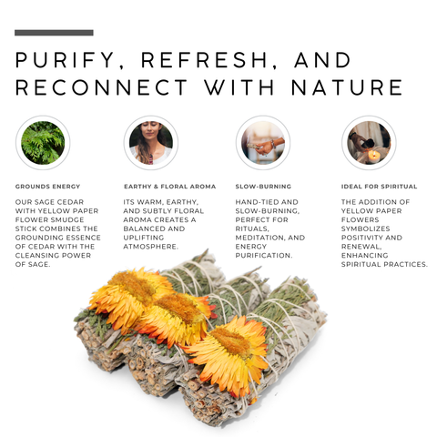 White Sage and Cedar with Yellow Paper Flower Smudge Stick