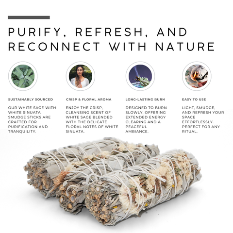 White Sage with White Sinuata Floral Smudge Stick