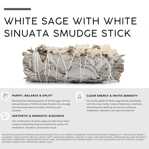 White Sage with White Sinuata Floral Smudge Stick