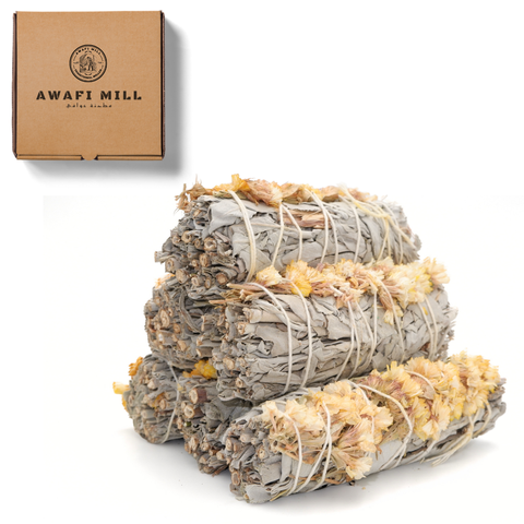 White Sage with Yellow Sea Lavender Floral Smudge Stick