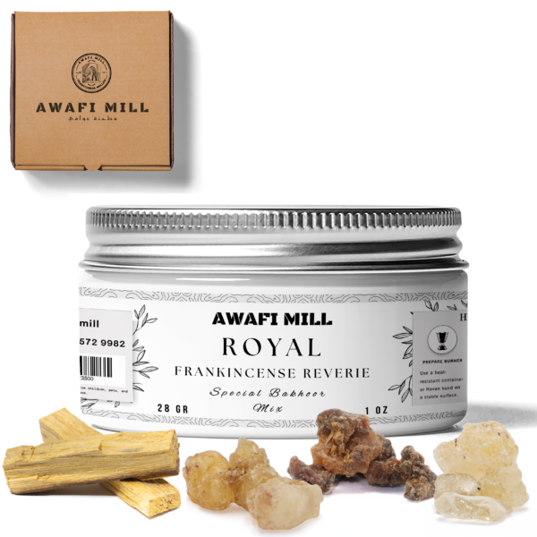 Royal Frankincense Reverie Bakhoor Mix - 	Palo Santo, Juniper Berry, Myrrh Resin, Oman Green Royal Hojari, White Copal