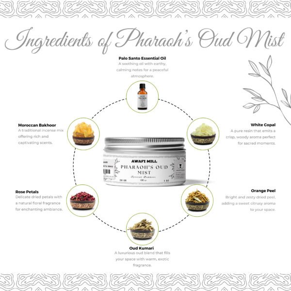 Pharaoh’s Oud Mist Bakhoor Mix | Oud Kumari, White Copal, Moroccan Bakhoor, Rose Petals, Orange Peel, Palo Santo - Image 2