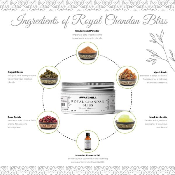 Royal Chandan Bliss Incense | Sandalwood, Guggal, Myrrh, Musk Ambrette, Lavender Essential Oil, Rose Petals - Image 2