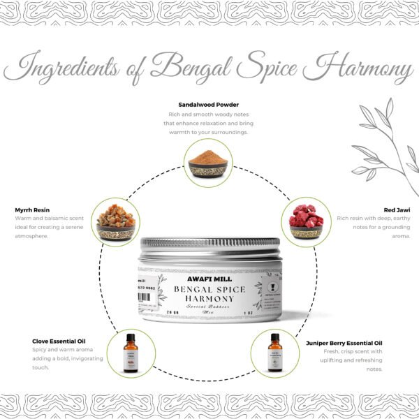 Bengal Spice Harmony Bakhoor Mix | Red Jawi, Myrrh Resin, Sandalwood Powder, Clove & Juniper Berry Essential Oil - Image 2