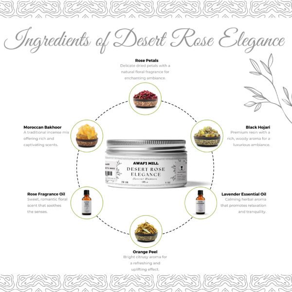 Desert Rose Elegance Bakhoor Mix | Black Hojari, Rose Petals, Moroccan Bakhoor, Orange Peel, Rose & Lavender Oils - Image 2