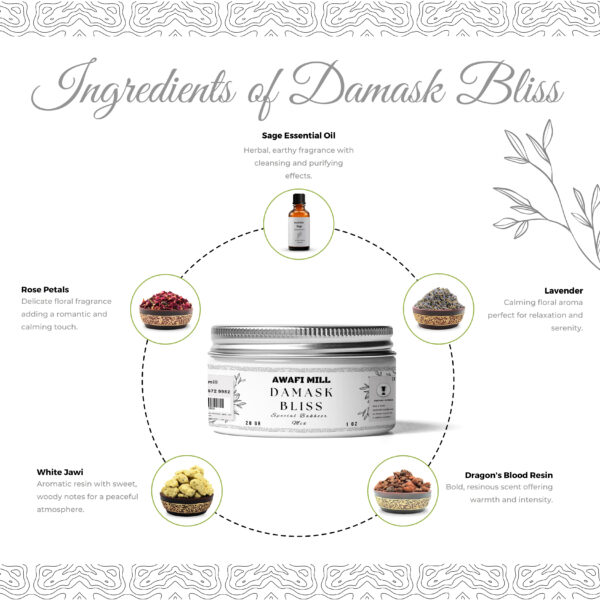 Damask Bliss Bakhoor Mix - White Jawi, Sage Essential Oil, Lavender, Dragon's Blood Resin, Rose Petals - Image 2