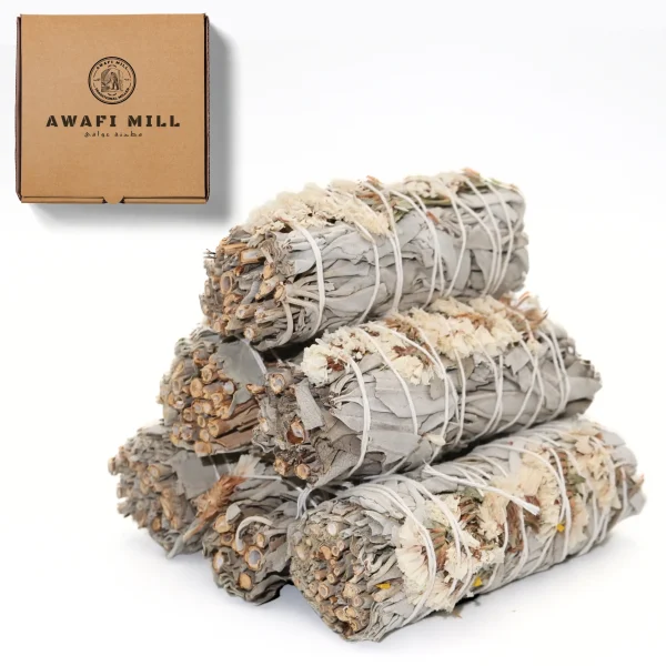 White Sage with White Sinuata Floral Smudge Stick